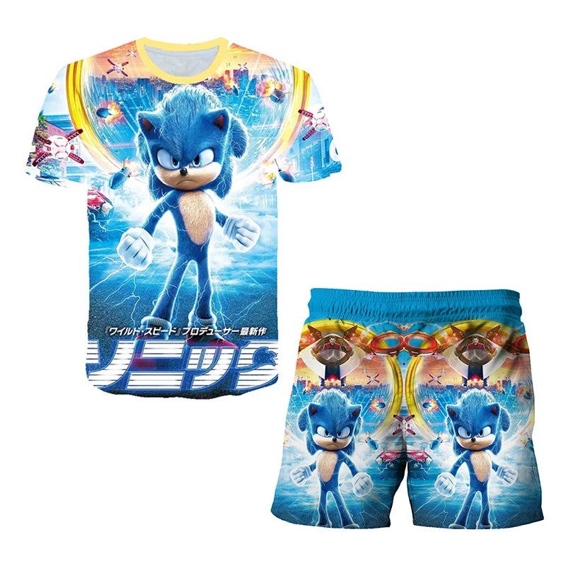 2026 Sonic The Hedgehog 3D T-shirt Set for Boys and Girls: Cute Summer Top + Shorts - Children's Short-Sleeve Birthday Gift