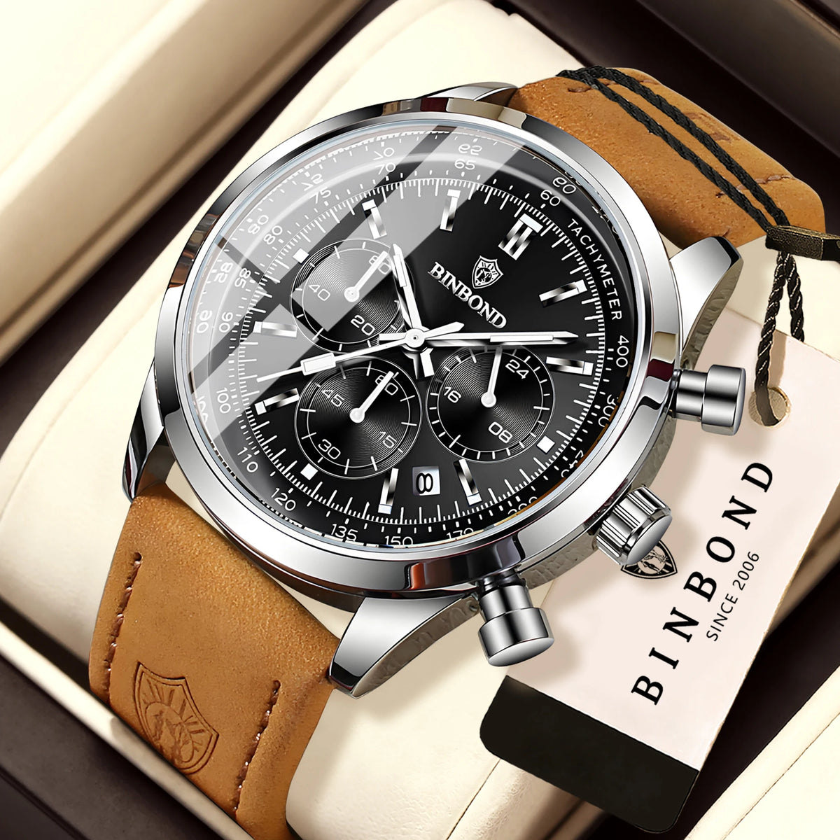Robust and accurate BINBOND quartz chronograph watch for men, luxury, with automatic date, luminous hands and water-resistant, casual style.