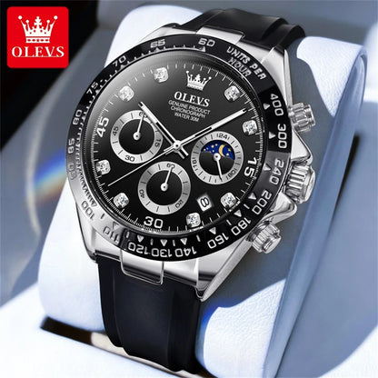 Montre à quartz pour homme OLEVS 2875 – Chronographe de marque de luxe, bracelet en silicone, date automatique, étanche, phase de lune, style sportif