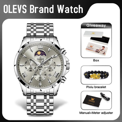 OLEVS 3653 Men’s Quartz Chronograph Watch  Moon Phase, Luminous, Date Display, Stainless Steel & 30M Waterproof