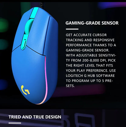 Przewodowa mysz gamingowa Logitech G203, klasy e-sportowej, 6 programowalnych przycisków i wielokolorowe podświetlenie do gier rywalizacyjnych
