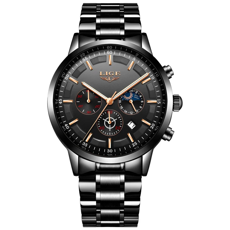 LIGE Men’s Watch – Luxury quartz chronograph, water-resistant (3 bar), with luminescent hands – Gift idea (box included)
