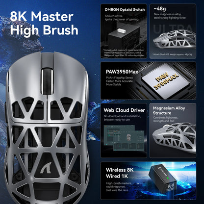 Attack Shark R2 Ασύρματο Gaming Mouse PAW3950 8K από ελαφρύ κράμα μαγνησίου, Bluetooth Tri-Mode για gaming/γραφείο