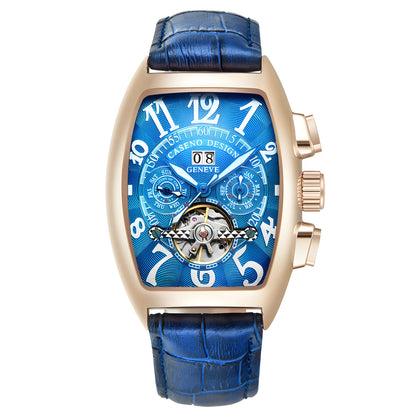CASENO csúcsminőségű luxusmárka férfi teljesen automatikus mechanikus tourbillon karóra naptárral, éjszakai világítással, tonneau alakú, áttört karóra -577G