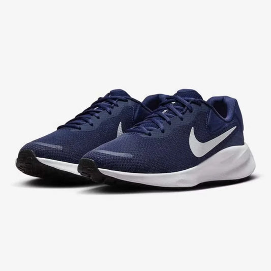 Nike's New Durable and Shock-Absorbing Outdoor Running Shoes for Men, Revolution 7, with a Lightweight and Comfortable Fabric Mesh Design, Suitable for Training and Fitness, in a Dark Blue Color Scheme, Simple and Versatile C