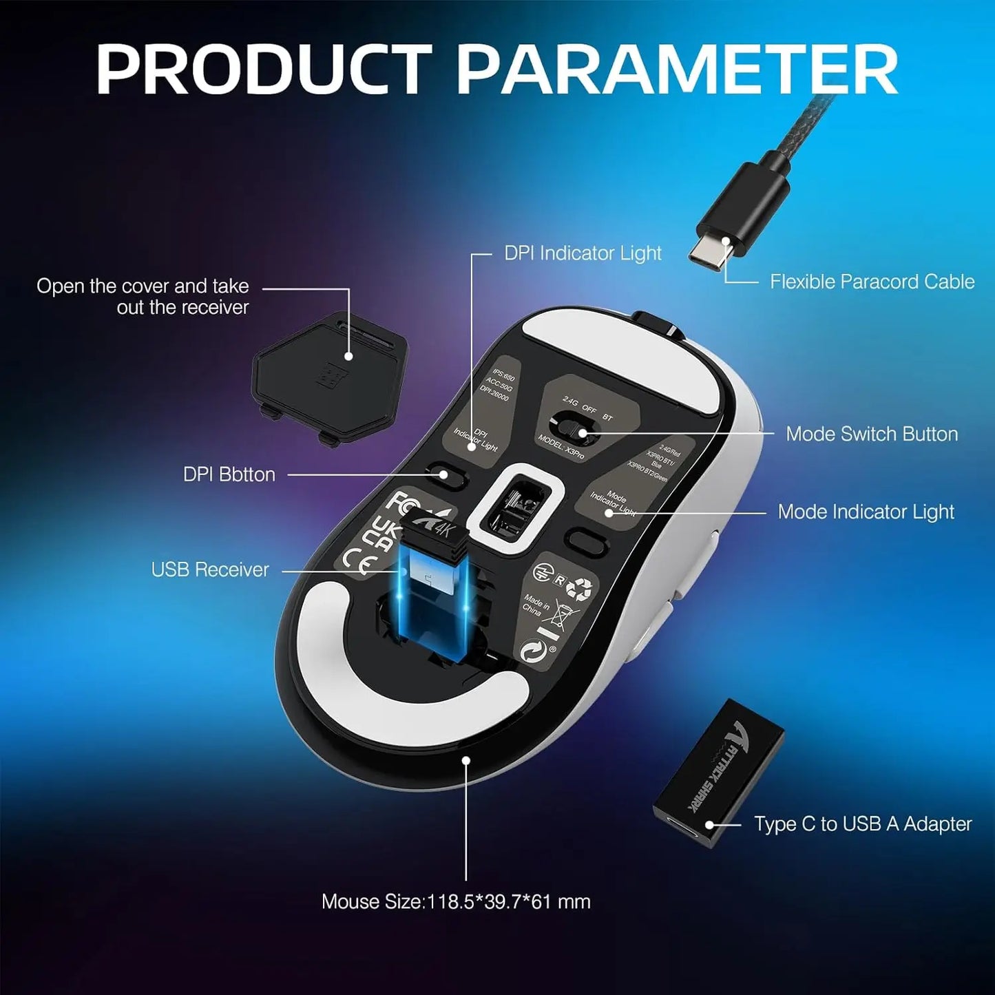 Attack Shark X3Pro vezeték nélküli Bluetooth gamer egér, PixArt PAW3395, 26000dpi optikai egér, hárommódú csatlakozás, makrós gamer egér