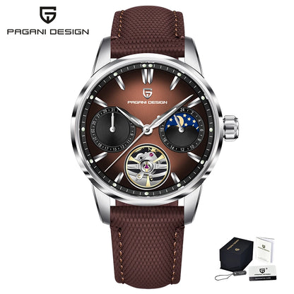 PAGANI DESIGN – Relógio mecânico de luxo para homem, 41 mm, vidro de safira, bracelete em pele, estanque, estilo piloto, com turbilhão e fase lunar