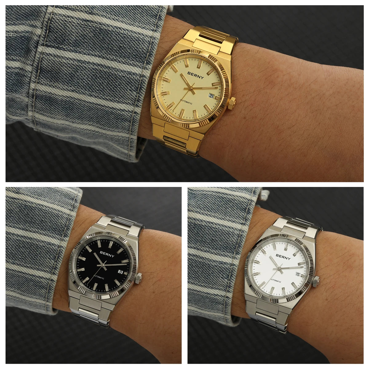 BERNY men’s automatic watch, gold-coloured, sapphire crystal, luminescent hands, 100% genuine, fitted with a PT5000 movement, anti-reflective coating, luxury model with interchangeable bezel, water-resistant to 5 ATM.