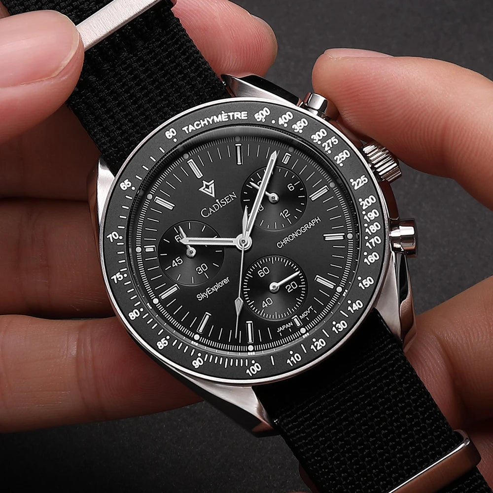 CADISEN Új férfi karórák Luxus kvarc karóra férfiaknak Zafír AR bevonatú üveg Vászon VK68 Speed Chronograph Automatikus