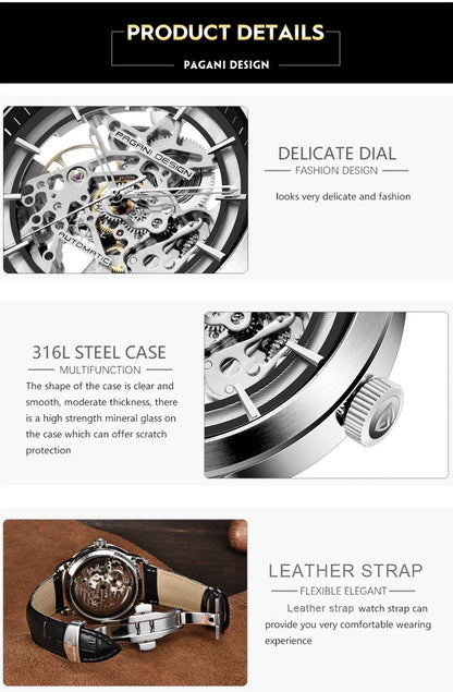 PAGANI DESIGN Business Man Watch Luxury Skeleton Hollow Leather Men's Wristwatch New Mechanical Male Clock