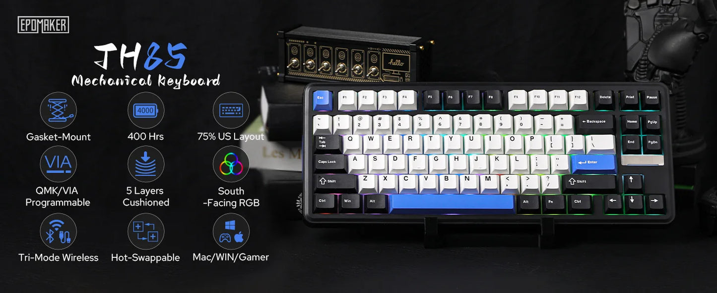 EPOMAKER TH85 80% QWERTY ANSI Layout VIA Gasket Hot-Swap Wired/2.4Ghz/BT5.0 Wireless Mechanical Keyboard for Office/Gaming