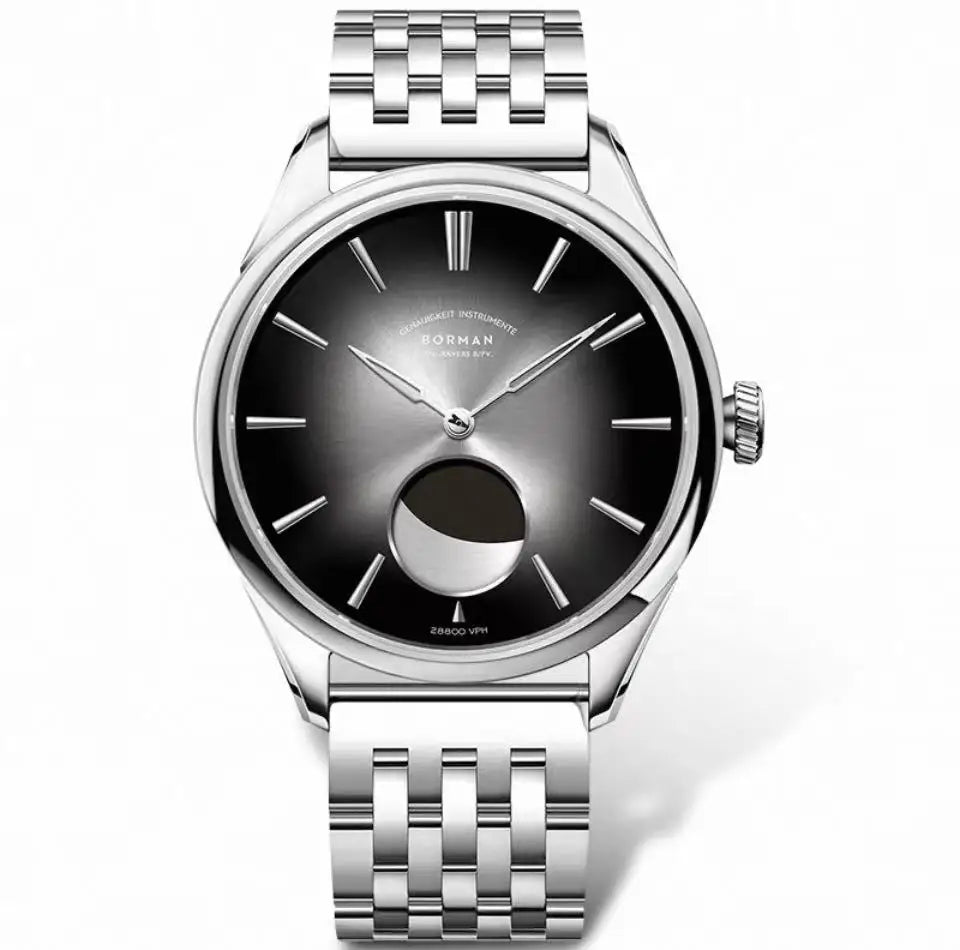 Borman Mens Automatic Watches Luxury Moon Phase Male Watch Mechanical Wristwatch Fashion 50M Waterproof Sapphire Leather Strap