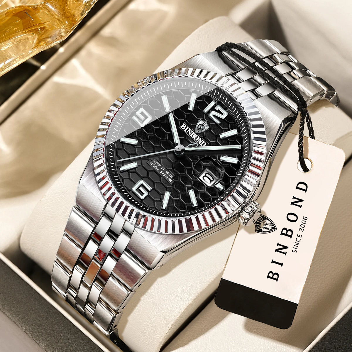 Reloj de pulsera de cuarzo de lujo BINBOND, luminiscente, resistente al agua, con fecha automática, para hombre, de acero, estilo ejecutivo, deportivo, moderno y desenfadado.
