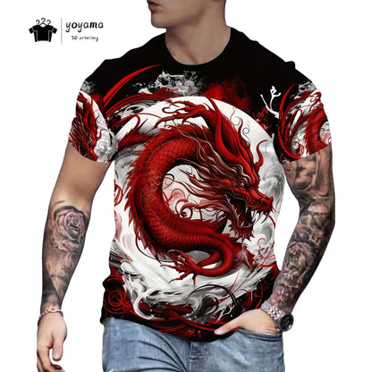 Herren-T-Shirt mit Drachenmuster, kurzärmeliges Fashion-Streetwear-Shirt, Rundhals-Top mit trendigem 3D-Tierprint, locker und vielseitig, Herrenbekleidung