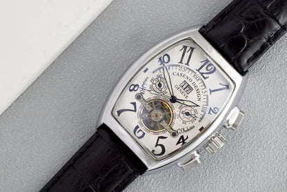 CASENO csúcsminőségű luxusmárka férfi teljesen automatikus mechanikus tourbillon karóra naptárral, éjszakai világítással, tonneau alakú, áttört karóra -577G