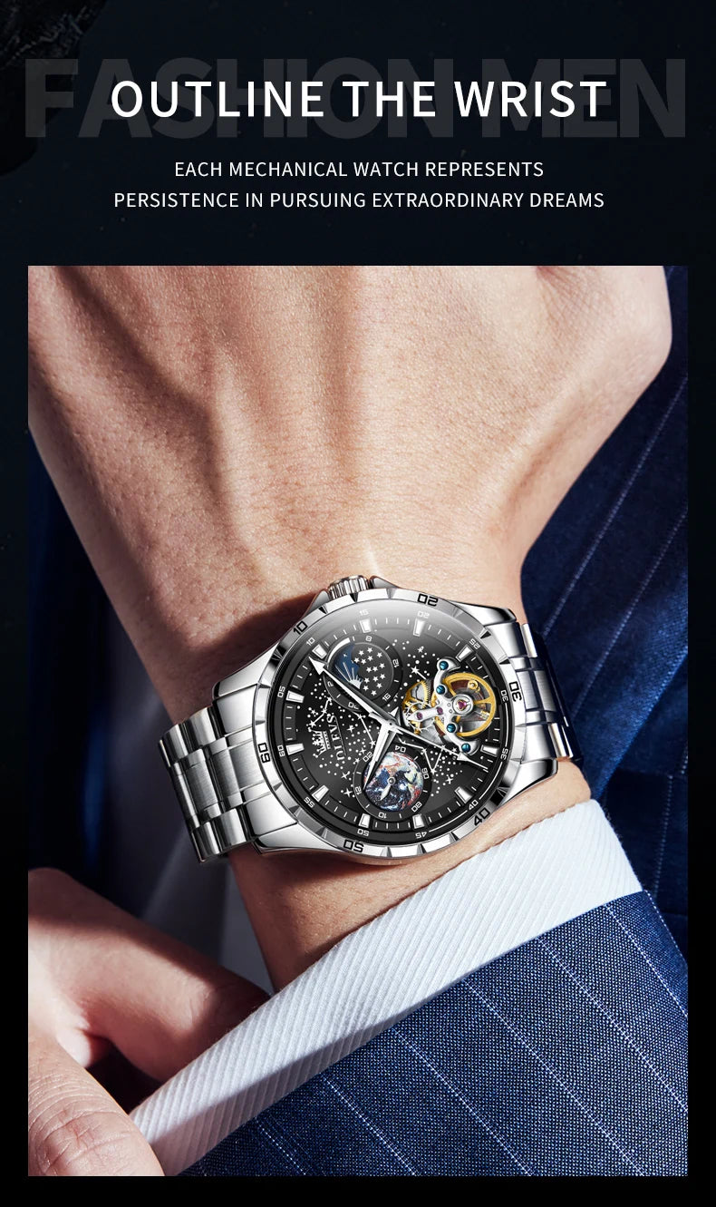 OLEVS Men’s Flywheel Skeleton Automatic Watch Starry Sky Dial, Luminous Mechanical Movement & Waterproof Business Wristwatch