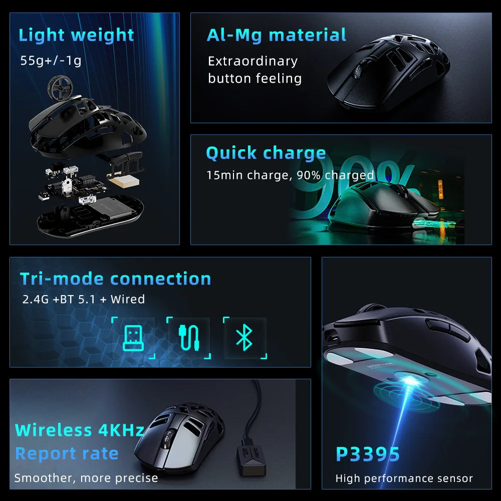 DAREU Al-mg Tri-mode 8Khz PBT bezdrátová herní myš s rychlým nabíjením PAW3950 30000 DPI, lehká, pro PC hráče