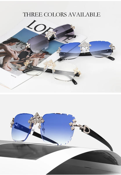 2025 Fashion Square Rimless Sunglasses For Women Cross Diamond Metal Frame Luxury Eyewear Cut Lens UV400 Shades Sun Glasses