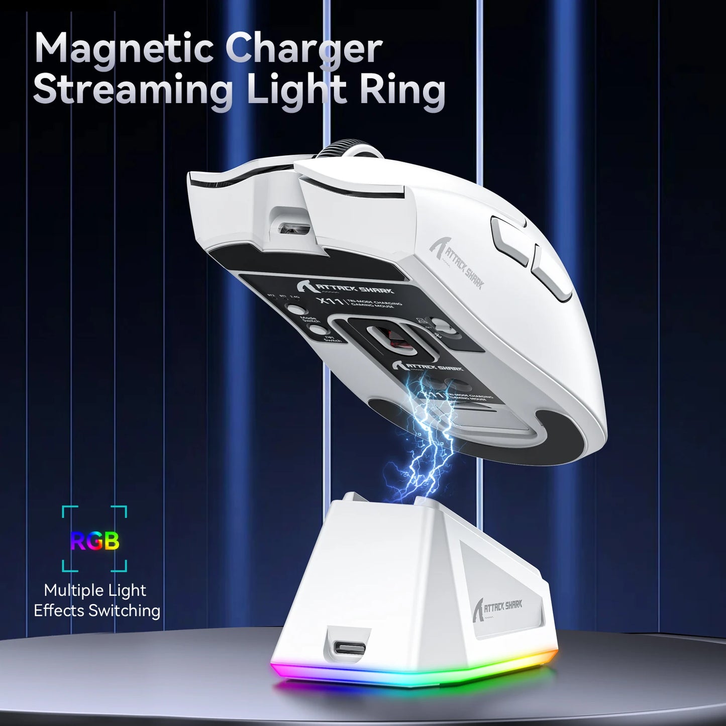 Mysz gamingowa ATTACK SHARK X11 Tri-Mode Lightweight z PAW3311, 22000DPI, 400IPS, 40G, 59g, szybkim ładowaniem magnetycznym i podświetleniem RGB
