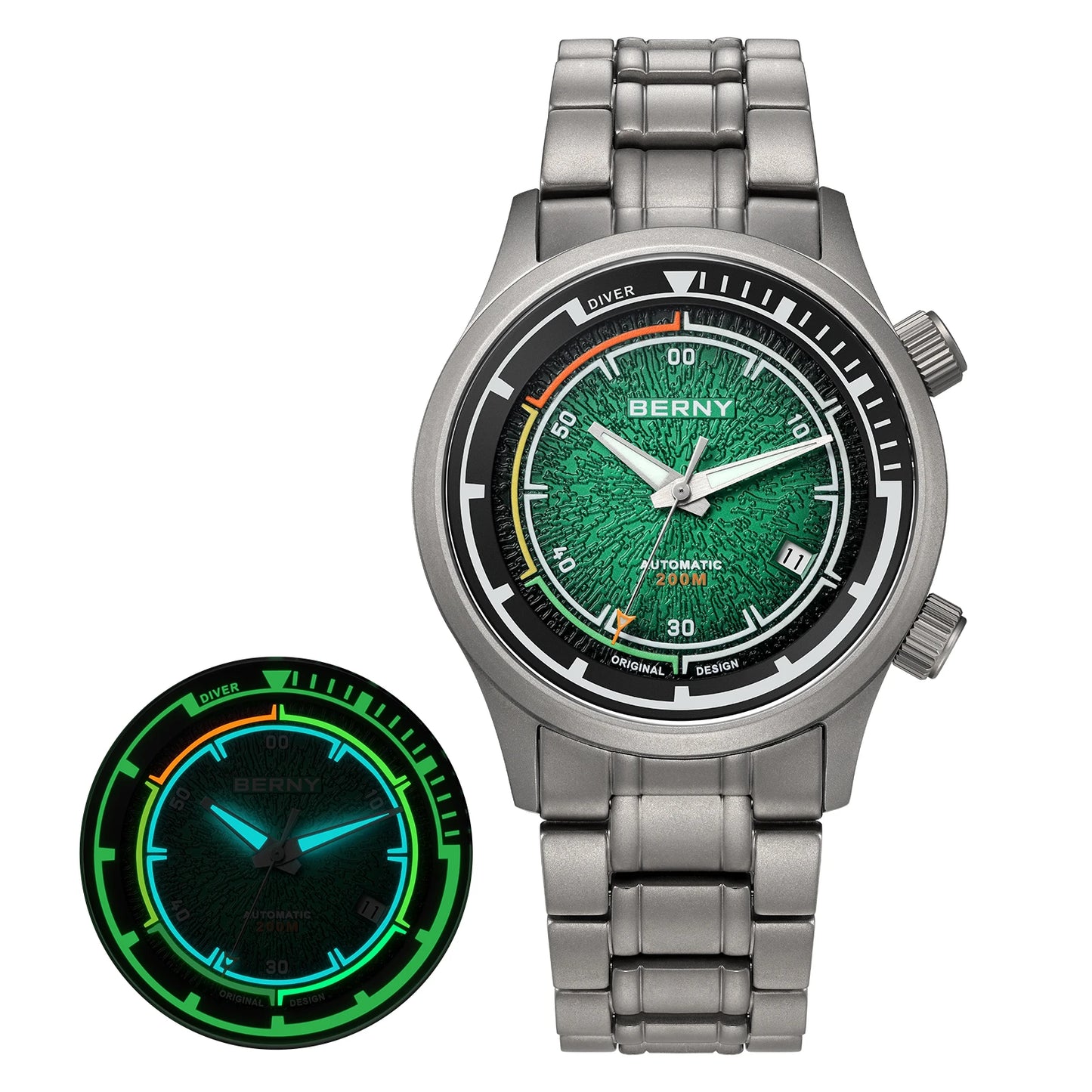 BERNY Titanium Diver Watches for Men 20ATM Super Luminous Automatic Mechanical Men's Dive Watch Sapphire Swim Diving Wristwatch