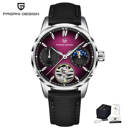 PAGANI DESIGN – Relógio mecânico de luxo para homem, 41 mm, vidro de safira, bracelete em pele, estanque, estilo piloto, com turbilhão e fase lunar