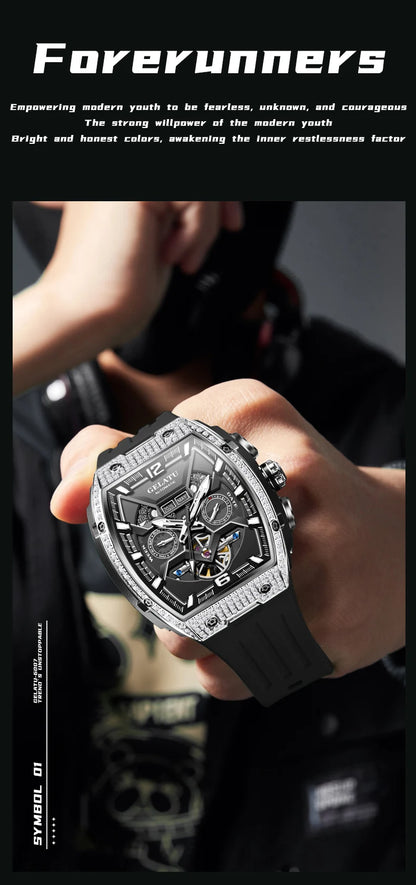 GELATU 6016 High-End Full Diamond Automatic Mechanical Watch for Men Multifunction Hollow Silicone Strap Men's Wristwatches