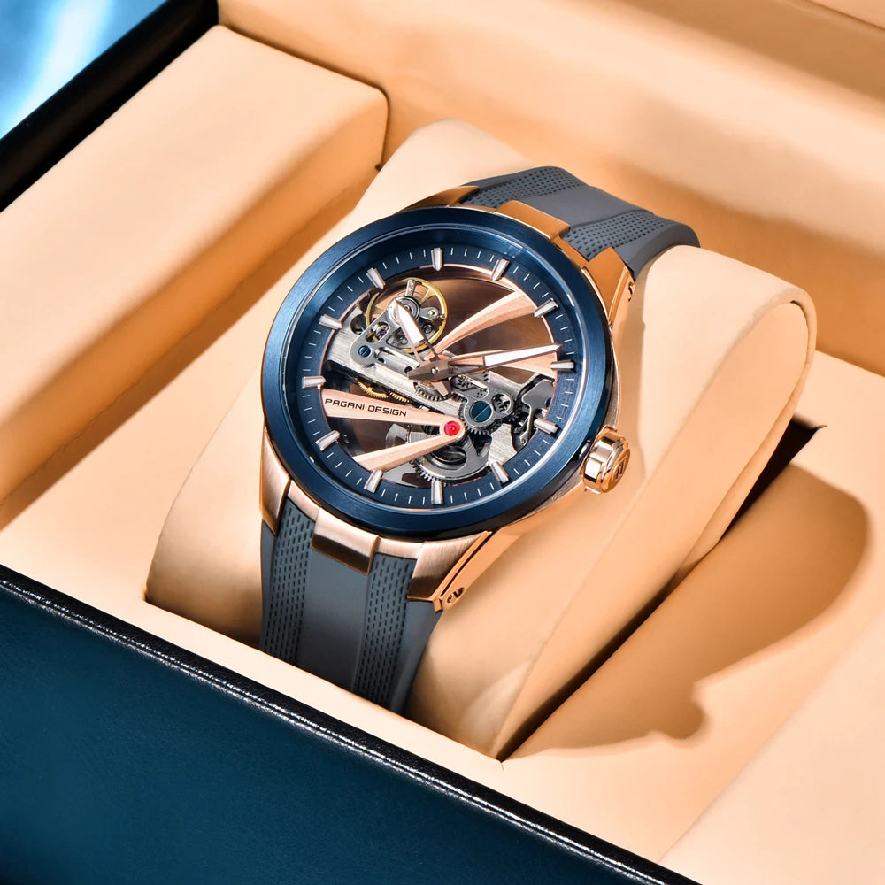 PAGANI DESIGN men’s watch – Luxury automatic mechanical model, ‘skeleton’ (open-heart) style, featuring a tourbillon, sapphire crystal with anti-reflective coating, water-resistant and luminescent.