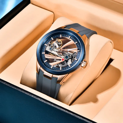 PAGANI DESIGN men’s watch – Luxury automatic mechanical model, ‘skeleton’ (open-heart) style, featuring a tourbillon, sapphire crystal with anti-reflective coating, water-resistant and luminescent.