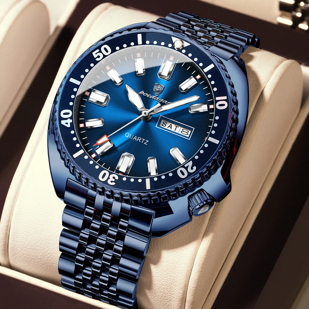 Luxusní pánské hodinky POEDAGAR v businessovém stylu, s datem a dnem v týdnu, vodotěsné a s podsvícením, z nerezové oceli a s quartzovým strojkem.