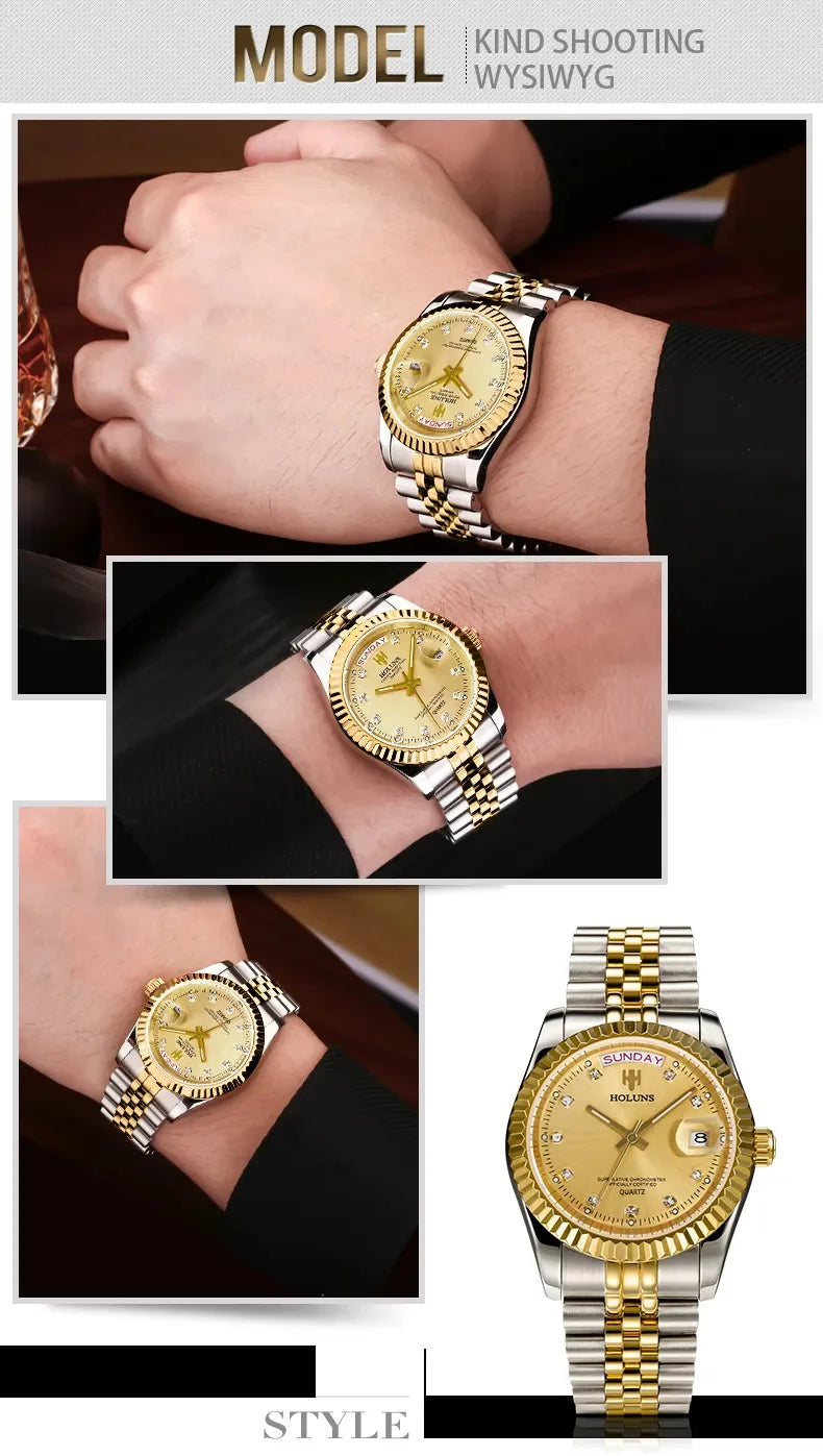 Holuns Luxury Classic 36/41 mm-es arany férfi karóra, japán MIYOTA kvarc szerkezet, rozsdamentes acél, klasszikus üzleti karóra, vízálló