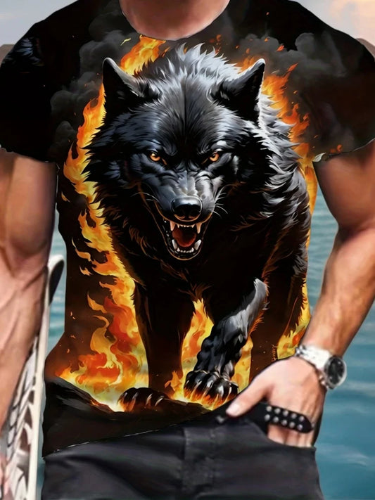 Men 3D Pattern Fire Wolf Graphic Print T-Shirt Summer Oversized Causal T-Shiet Men's Fashion Fitness Short Sleeve Clothing Tops