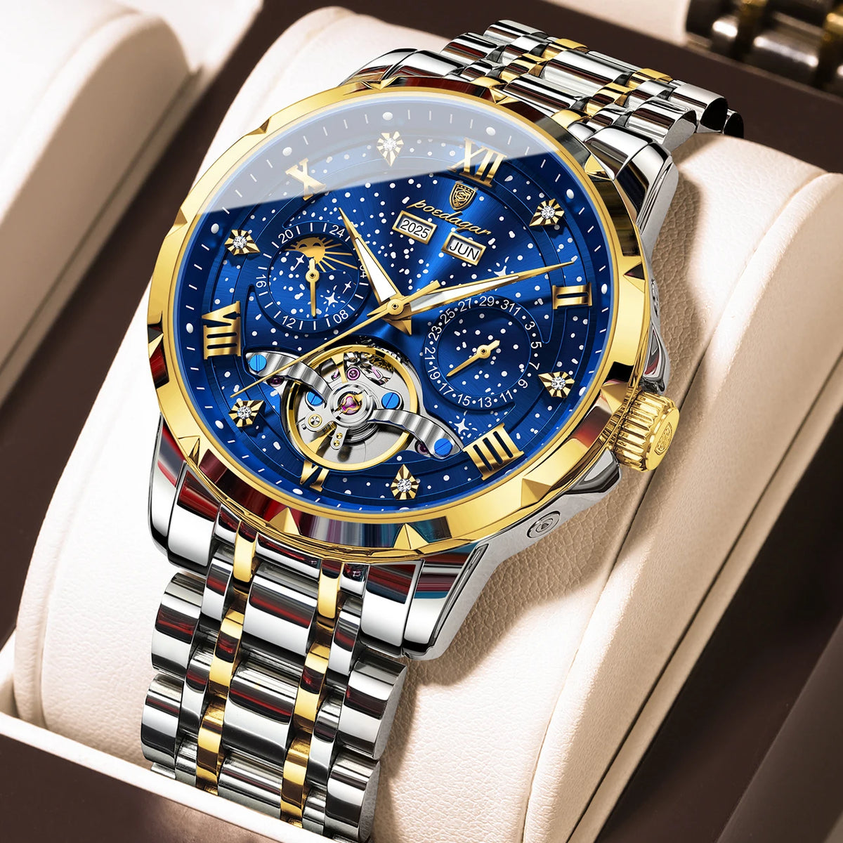 Montre mécanique automatique pour homme POEDAGAR – Modèle haut de gamme, boîtier en acier inoxydable, calendrier, tourbillon apparent