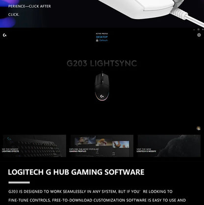Przewodowa mysz gamingowa Logitech G203, klasy e-sportowej, 6 programowalnych przycisków i wielokolorowe podświetlenie do gier rywalizacyjnych