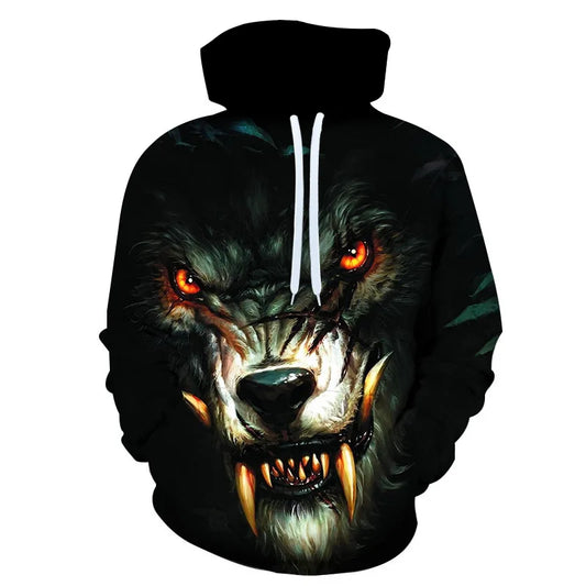 Herren-Hoodie mit Wolf-Grafik, 3D-Print, Outdoor- und Streetwear-Design, Kapuze und Fronttasche