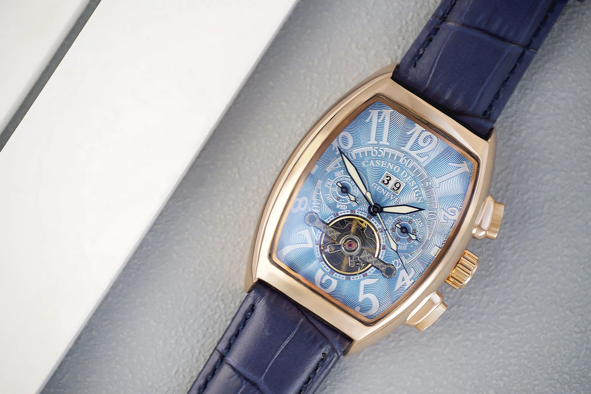 CASENO csúcsminőségű luxusmárka férfi teljesen automatikus mechanikus tourbillon karóra naptárral, éjszakai világítással, tonneau alakú, áttört karóra -577G