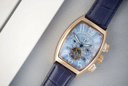 CASENO csúcsminőségű luxusmárka férfi teljesen automatikus mechanikus tourbillon karóra naptárral, éjszakai világítással, tonneau alakú, áttört karóra -577G