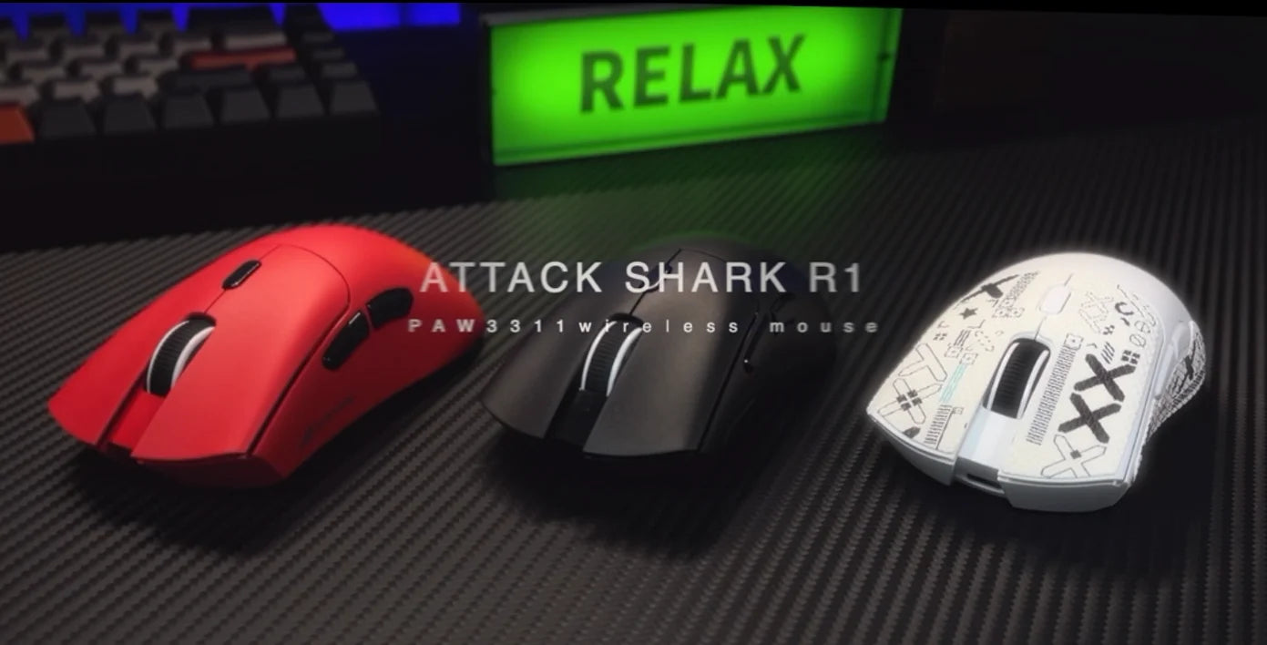 ATTACK SHARK R1 tri-mode gamingmus, PixArt PAW3311-sensor, 18000 DPI, 1000hz, 59g ultralet til store hænder, til PC/Mac