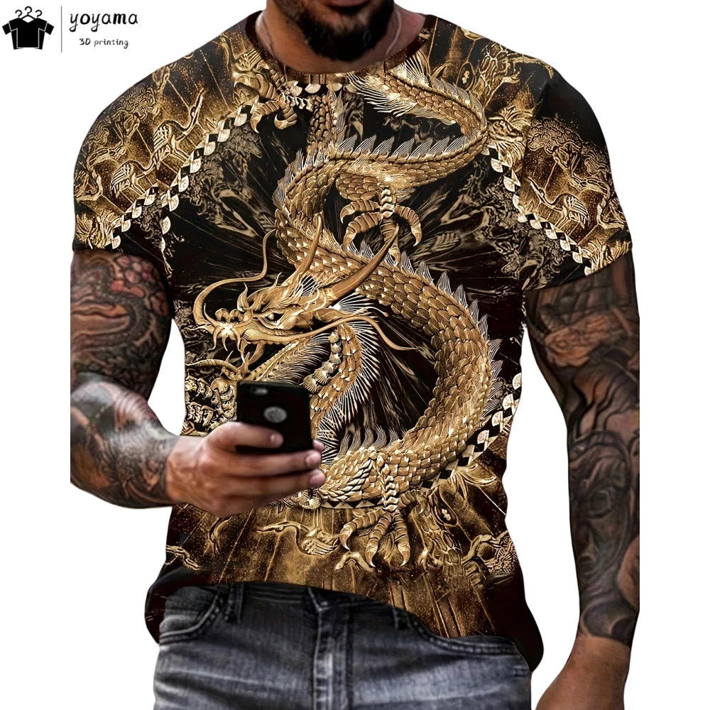 Herren-T-Shirt mit Drachenmuster, kurzärmeliges Fashion-Streetwear-Shirt, Rundhals-Top mit trendigem 3D-Tierprint, locker und vielseitig, Herrenbekleidung