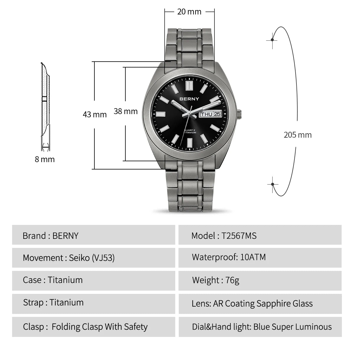 BERNY Titanium Watch for Men Super Light Weight Wristwatch Super Luminous Sapphire 10ATM Waterproof Sport Field Quartz Watches