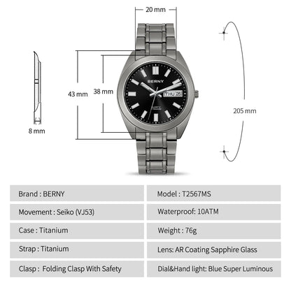 BERNY Titanium Watch for Men Super Light Weight Wristwatch Super Luminous Sapphire 10ATM Waterproof Sport Field Quartz Watches