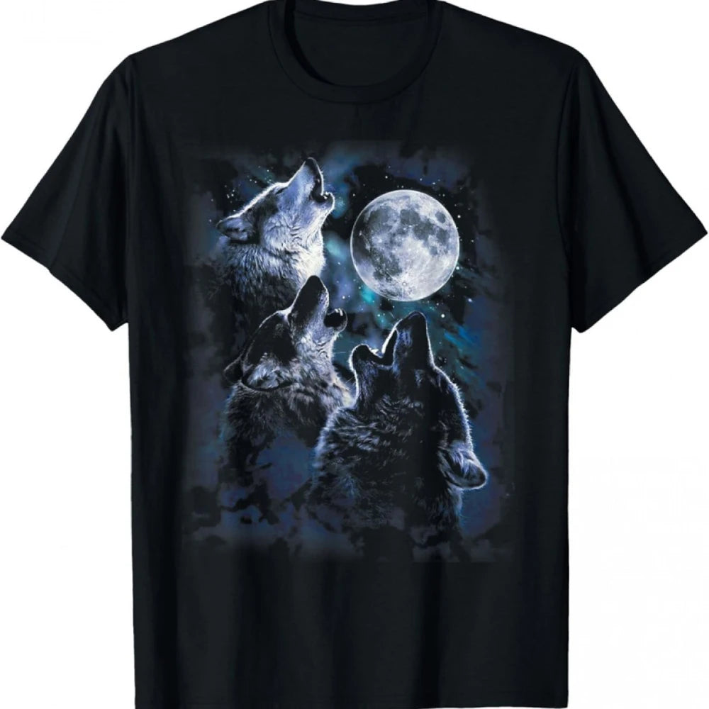 Moška majica z motivom »Bohemian Wolf Howling At Moon« v črni barvi z okroglim izrezom in motivom volka in lune, primerna za vsakdanje nošenje na prostem