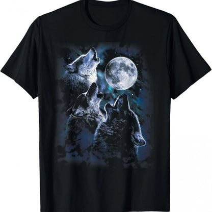 Moška majica z motivom »Bohemian Wolf Howling At Moon« v črni barvi z okroglim izrezom in motivom volka in lune, primerna za vsakdanje nošenje na prostem