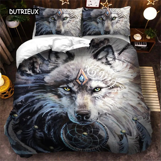 3D Wolf Bedding Set Black White Dreamcatcher Tribal Nationality Style Duvet Cover For Teens Adults Women Men Bedroom Decoration