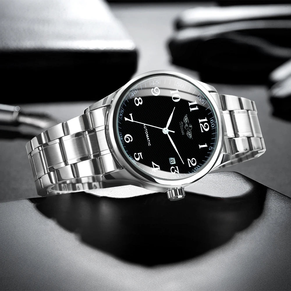 Montre classique pour homme – Style rétro avec calendrier et aiguilles bleues, mouvement mécanique automatique, marque de prestige, boîtier en acier et bracelet en cuir