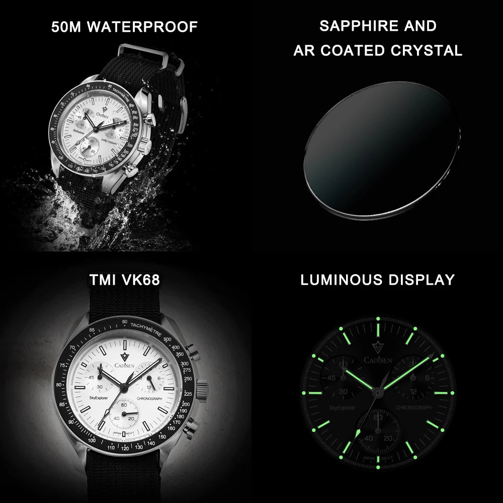 CADISEN Új férfi karórák Luxus kvarc karóra férfiaknak Zafír AR bevonatú üveg Vászon VK68 Speed Chronograph Automatikus