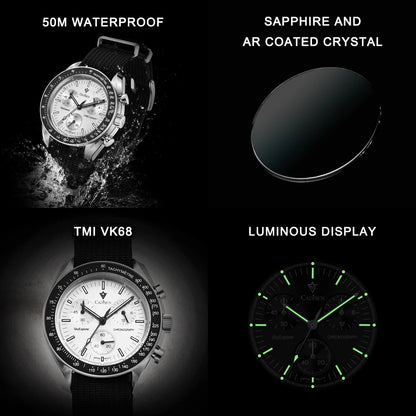 CADISEN Új férfi karórák Luxus kvarc karóra férfiaknak Zafír AR bevonatú üveg Vászon VK68 Speed Chronograph Automatikus