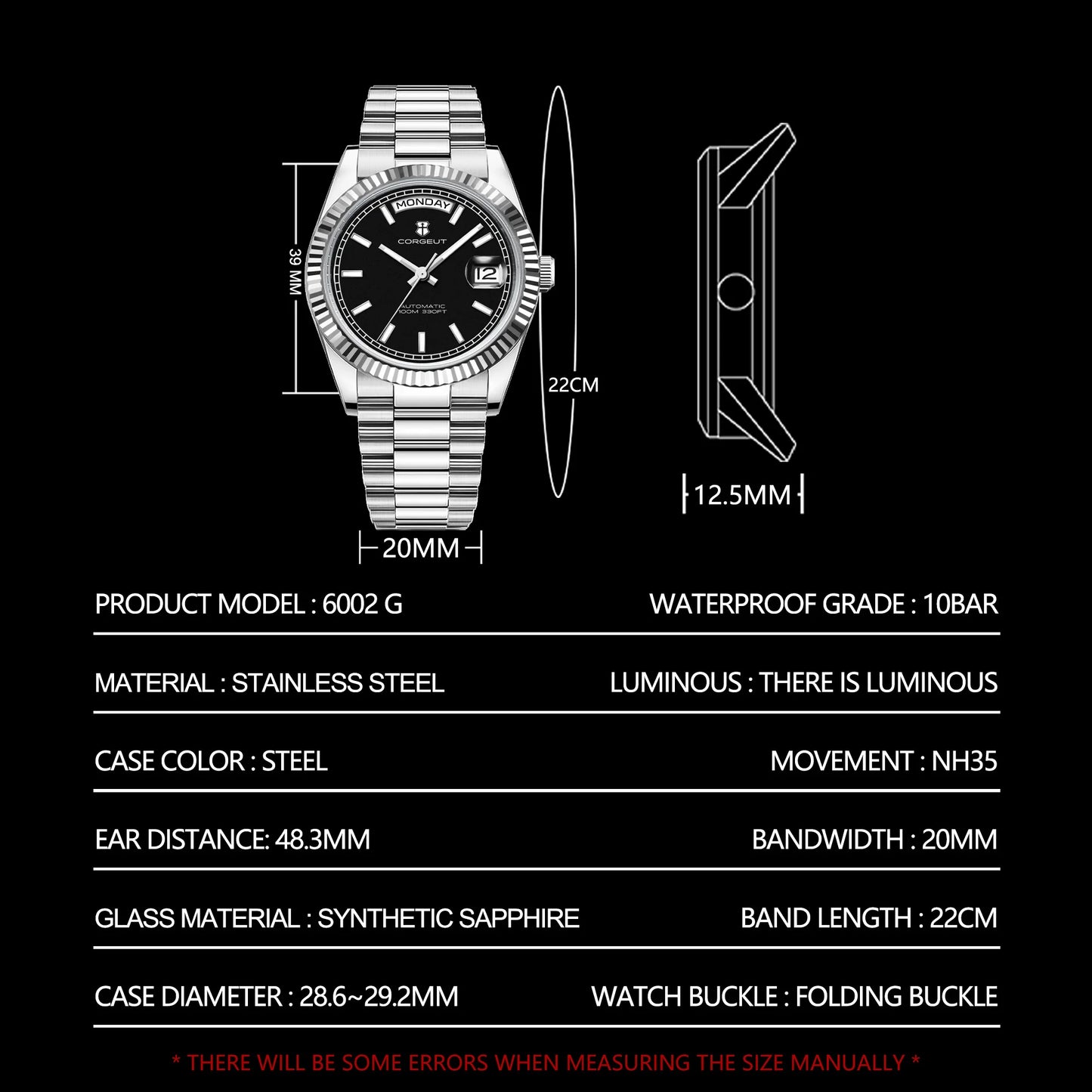 Reloj mecánico CORGEUT NH36 para hombre con indicador de día y fecha, brazalete President, caja de acero, bisel arqueado roscado, waterp