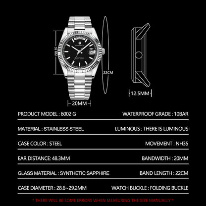 Reloj mecánico CORGEUT NH36 para hombre con indicador de día y fecha, brazalete President, caja de acero, bisel arqueado roscado, waterp