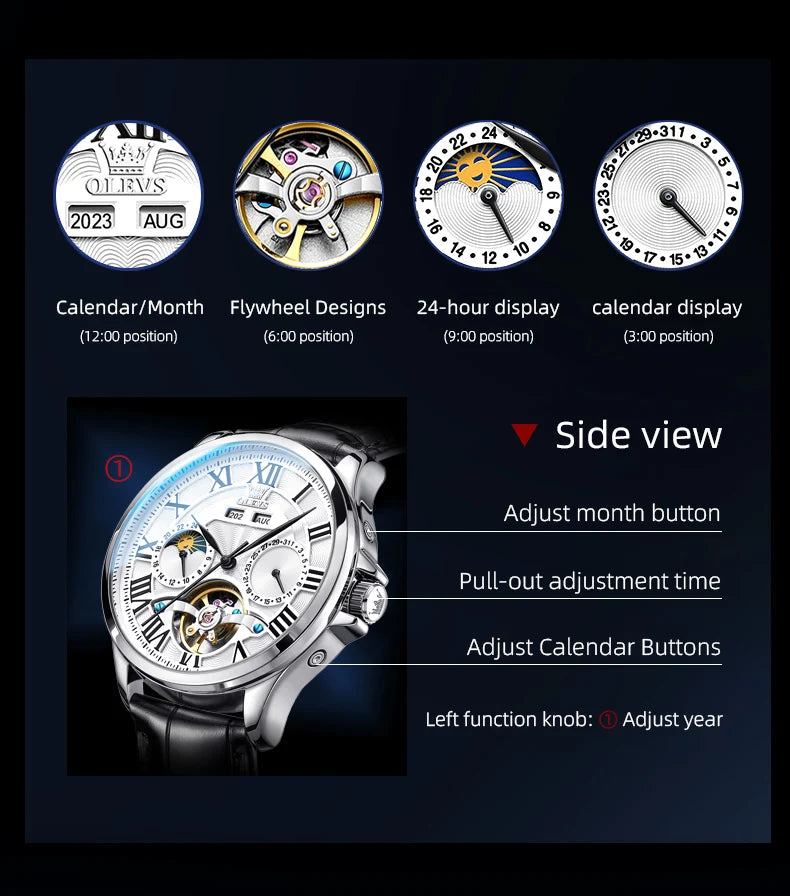 OLEVS 7013 Men’s Automatic Mechanical Watch Moon Phase, Roman Numeral Dial, Skeleton Flywheel, Luminous & 30M Waterproof