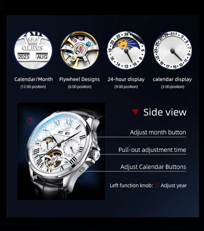 OLEVS 7013 Men’s Automatic Mechanical Watch Moon Phase, Roman Numeral Dial, Skeleton Flywheel, Luminous & 30M Waterproof
